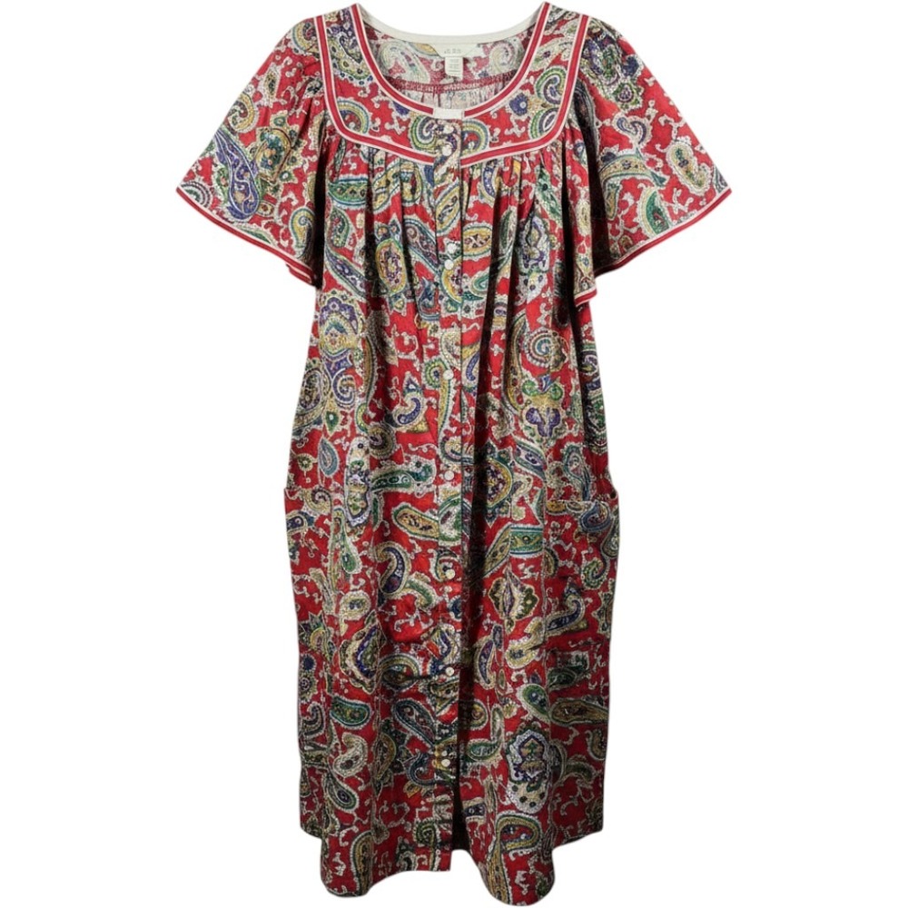 Models Coat Duster Robe Red Paisley Snap Front Housecoat Womens Large